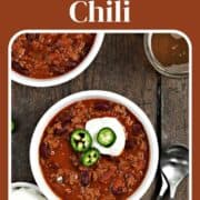 Two bowls of chili topped with sour cream and sliced jalapeños with title graphic across the top.