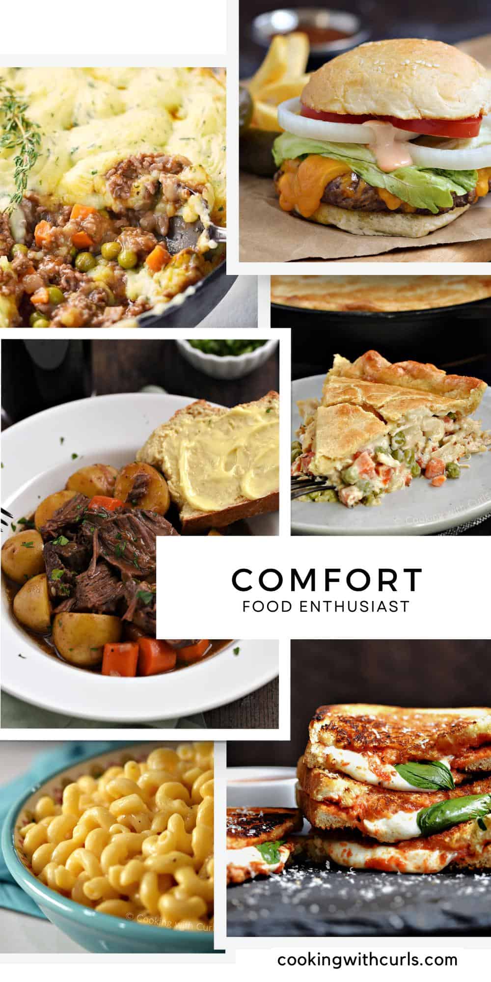 Six image collage for comfort food recipes.