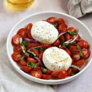 Burrata cheese balls on a bed of cherry tomatoes, basil strips, and red onion slices.