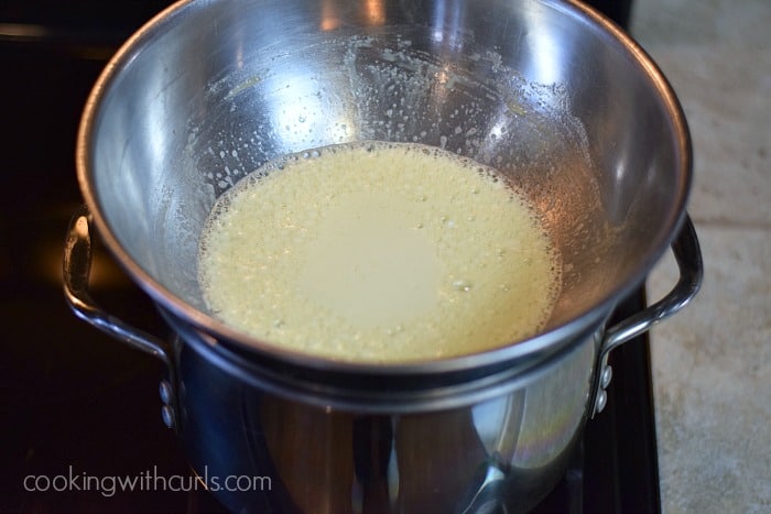 Mixture in the bowl over a pot of boiling water.