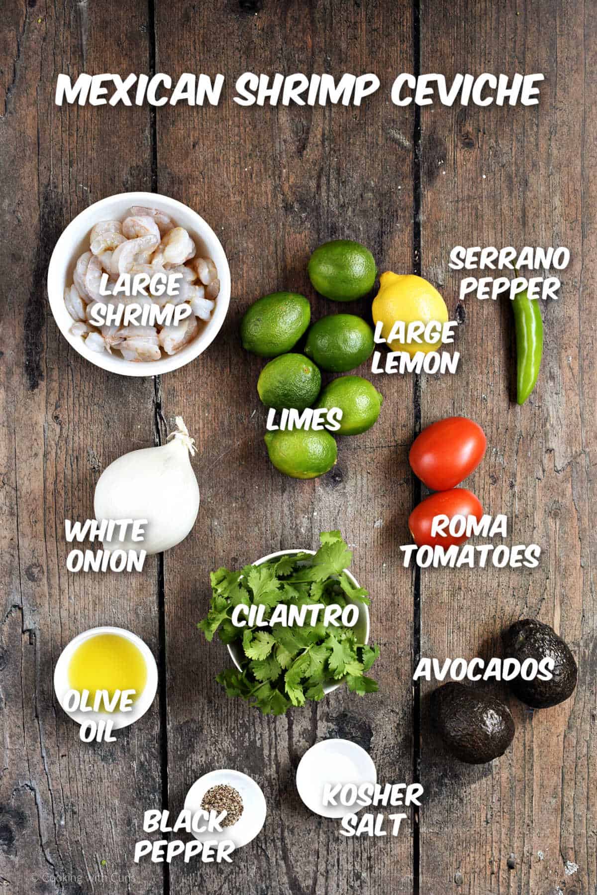 Mexican shrimp ceviche ingredients.