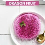 Looking down on a small plate with a pink colored panna cotta topped with a mint leaf and title graphic across the top.